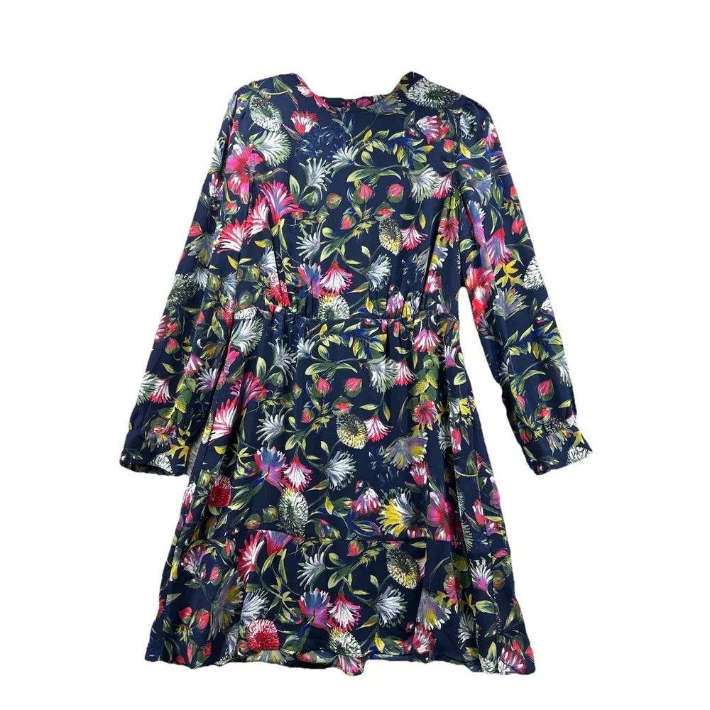 J. Crew Floral Mini Dress Women Sz 10 Navy Blue Long Sleeves